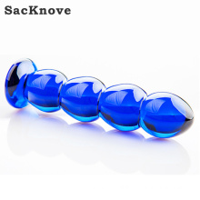 SacKnove YT025 Medical Grade Emulation Penis Threaded Blue Crystal Curved Dildo Skinny Anal Plugs Tunnel Anal Glass For Sex Toy